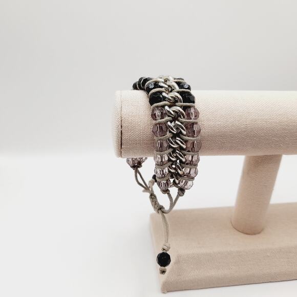 Artisan Black & Lilac Glass Beaded Macrame Bracelet - 6 1/2 Inch to 8 1/2 Inch - Picture 11 of 12